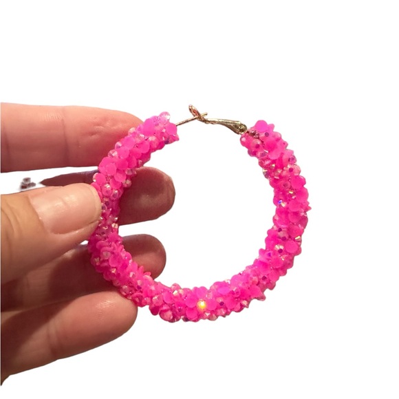 Pink Sequin with Silver Flecks Large Hoop Earrings - Picture 5 of 6